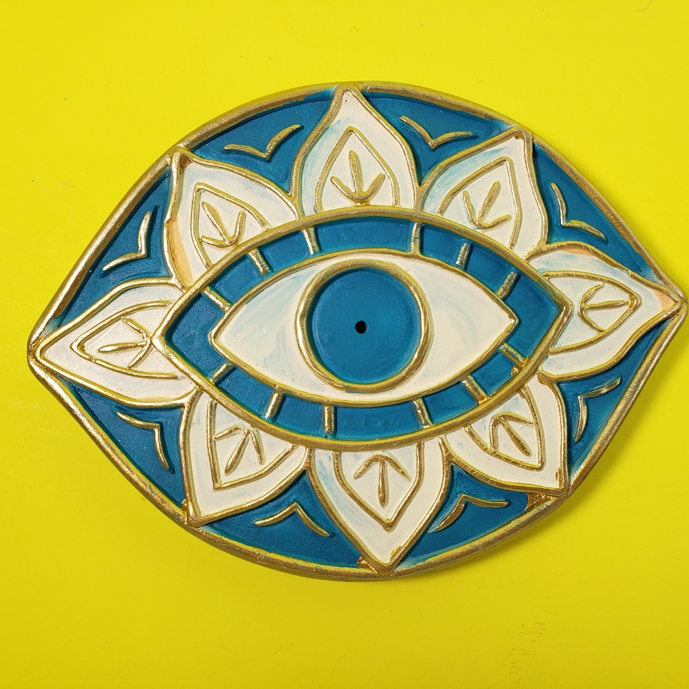 Blue and White Evil Eye Incense Wood Base